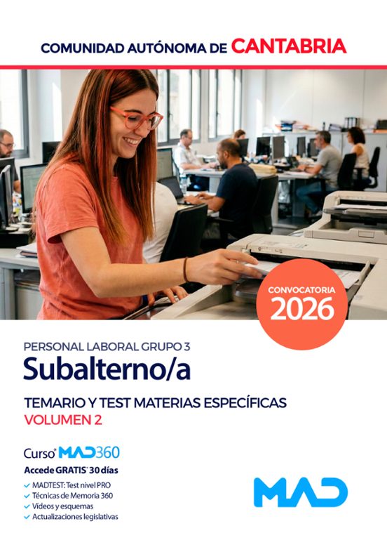 Subalterno/a . Temario y test de materias específicas. Volumen 2. Comunidad Autónoma de Cantabria