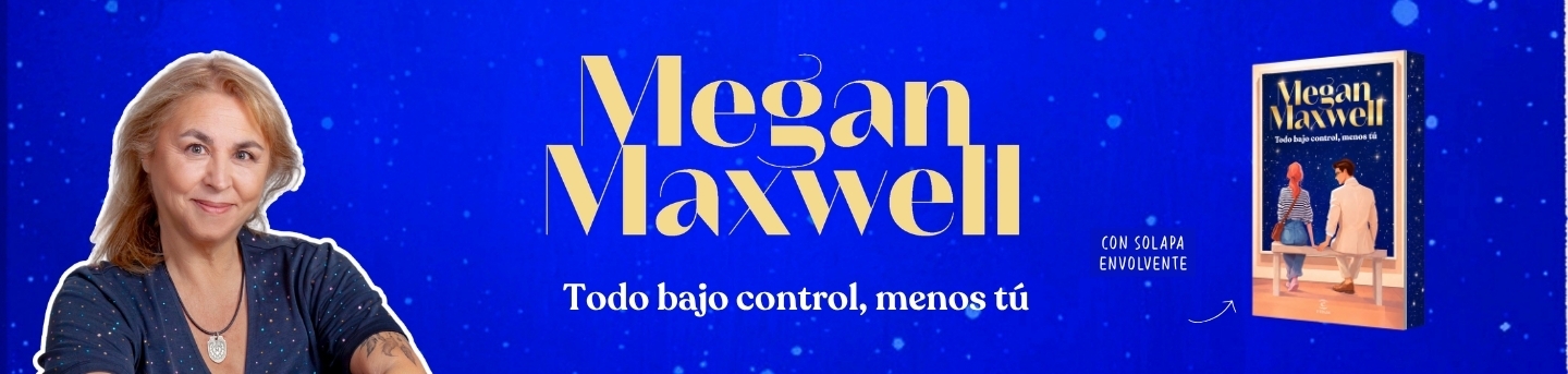 Imagen de Megan Maxwel y la portada del libro sobre fondo azul estrellado