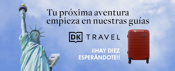 imagen maleta y estatua de la libertad con una guía en la mano