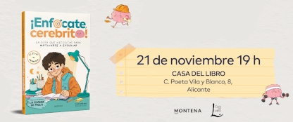 Portada de ¡Enfócate cerebrito! con cartel de evento