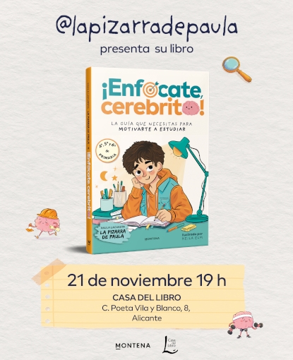 Portada de ¡Enfócate cerebrito! con cartel de evento