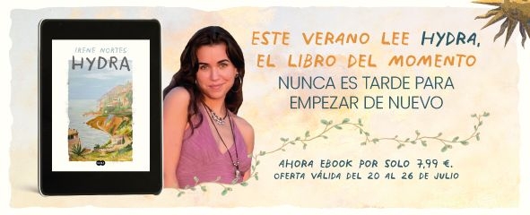 eReder con el libro Hydra y la autora sobre fondo de color
