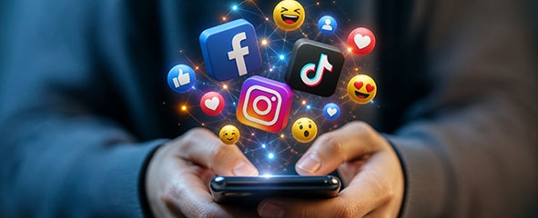 Móvil del que salen iconos de redes