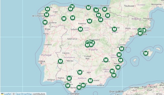 Imagen mapa españa con puntos en librerías
